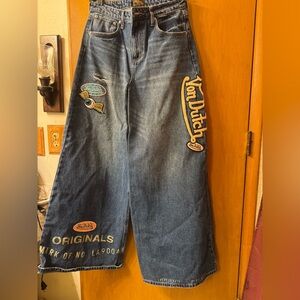 Von Dutch Blue Denim Jeans with Embroidered Patches Wide Legs